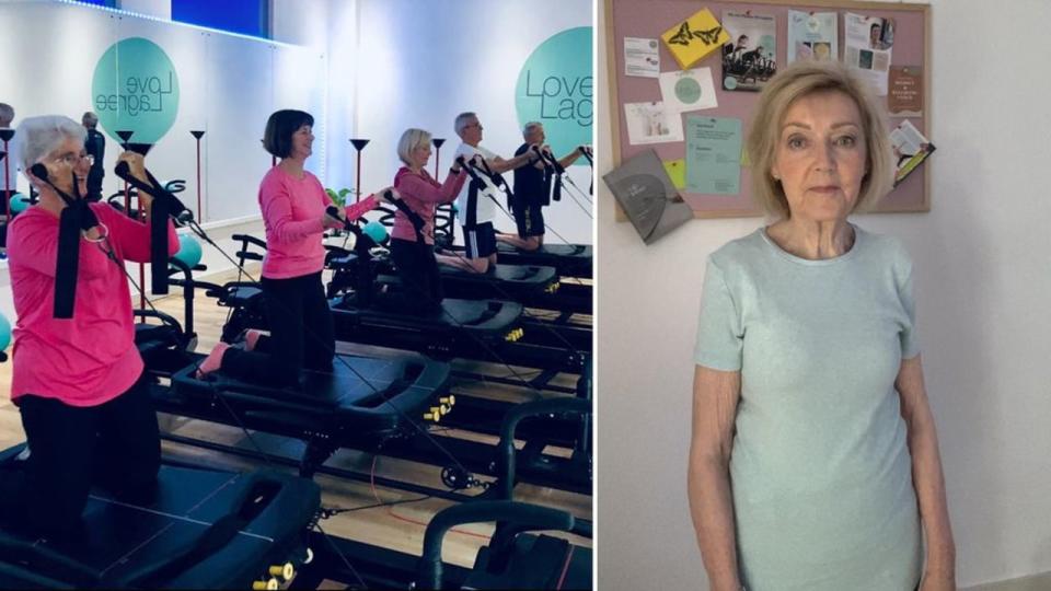 collage of an older woman and a Pilates class