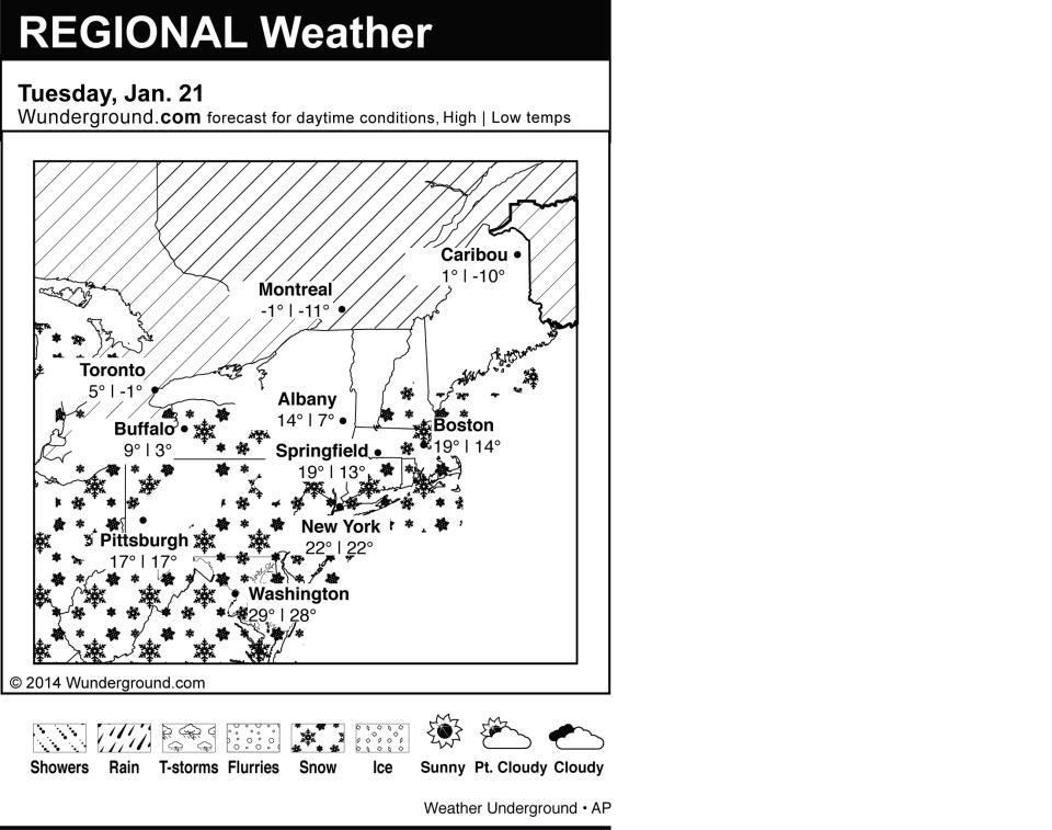 This is the Weather Underground forecast for Tuesday, Jan. 21, 2014 for the eastern region of the U.S. (AP Photo/Weather Underground)