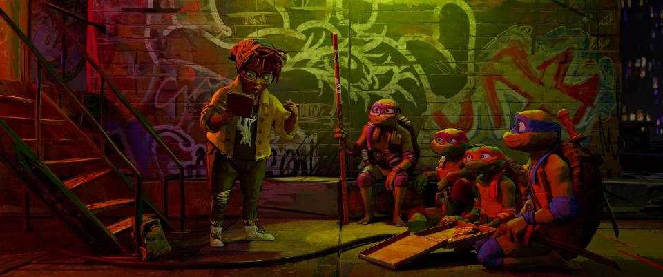 April O'Neil, Raphael, Leonardo, Donatello, Michelangelo in Teenage Mutant Ninja Turtles: Mutant Mayhem