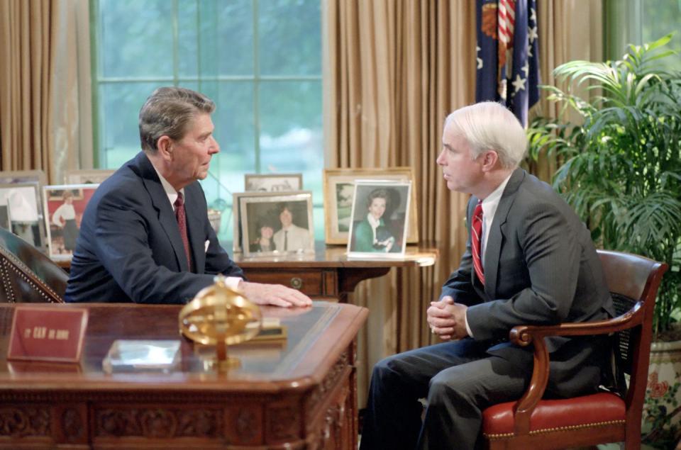 <p>McCain meets with President Ronald Reagan in the Oval Office on July 31, 1986. He served two terms in the House of Representatives, from 1983 until 1987, when he was elected to the U.S. Senate, where he served until his death. </p>