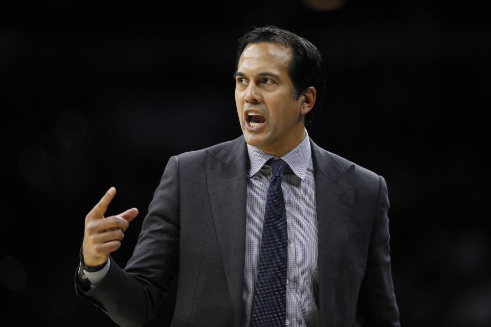 Miami Heat head coach Erik Spoelstra yells to his team during the first half of an NBA basketball game against the Philadelphia 76ers, Saturday, Nov. 23, 2019, in Philadelphia. (AP Photo/Matt Slocum)