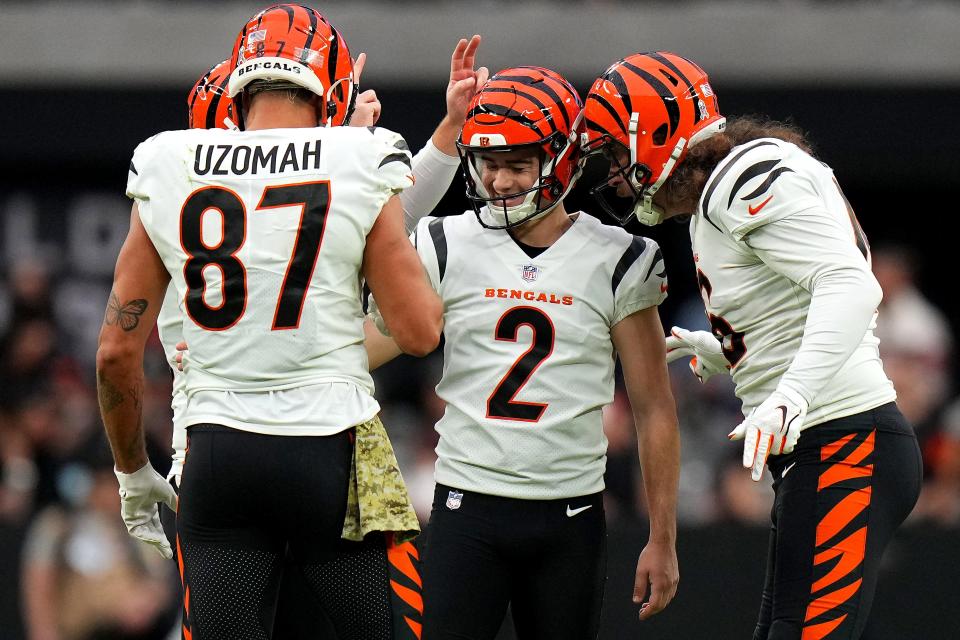 Cincinnati Bengals kicker Evan McPherson (2) is congratulated after kicking a 54-yard field goal in the first quarter during a NFL Week 11 game against the Las Vegas Raiders, Sunday, Nov. 21, 2021, at Allegiant Stadium in Las Vegas.