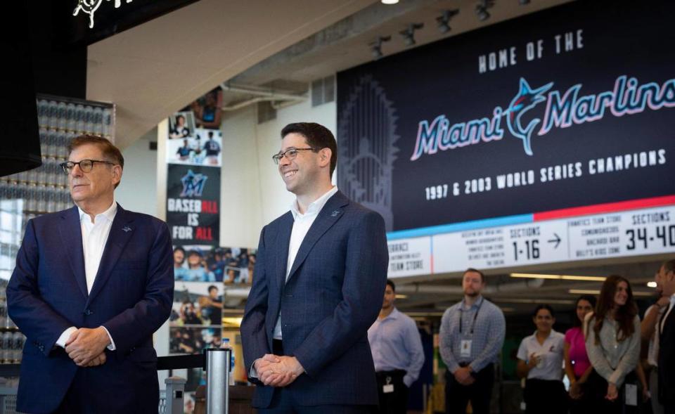 Bruce Sherman, chairman and principal owner of the Miami Marlins, left, stands with Peter Bendix, the new President of Baseball Operations, before his introductory press conference on Monday, Nov. 13, 2023, at loanDepot Park in Miami, Fla.