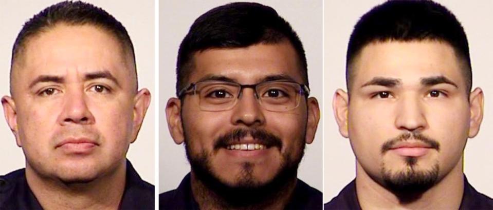 From left to right: San Antonio police Sergeant Alfred Flores and officers Eleazar Alejandro and Nathaniel Villalobos were charged with murder after the fatal shooting of Melissa Perez on 23 June (AP)