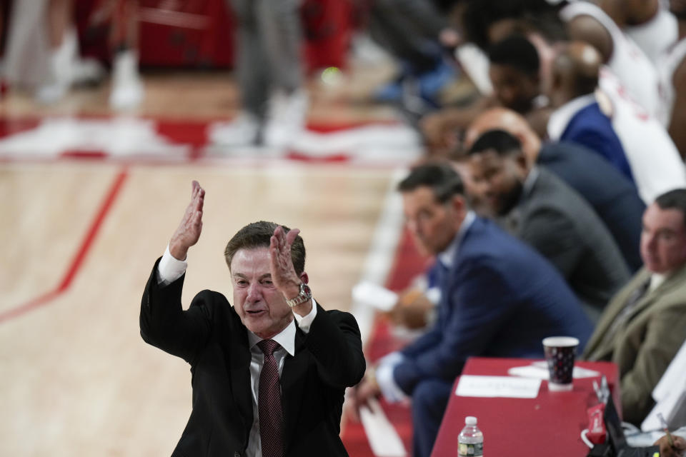 St. John's head coach Rick Pitino talks to his team during the second half of an NCAA college basketball game against Stony Brook, Tuesday, Nov. 7, 2023, in New York. St. John's defeated Stony Brook 90-74. (AP Photo/Seth Wenig)