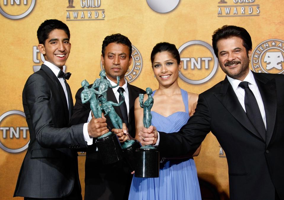 Dev Patel, Irrfan Khan, Freida Pinto, and Anil Kapoor in the Press Room at the 15th Annual Screen Actors Guild Awards in 2009.