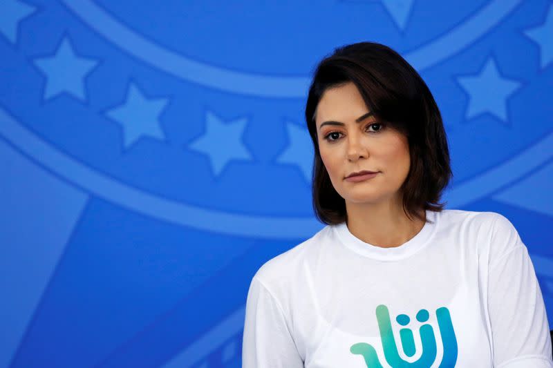 First lady of Brazil, Michelle Bolsonaro looks on during a ceremony at the Planalto Palace, amid coronavirus disease (COVID-19) outbreak, in Brasilia