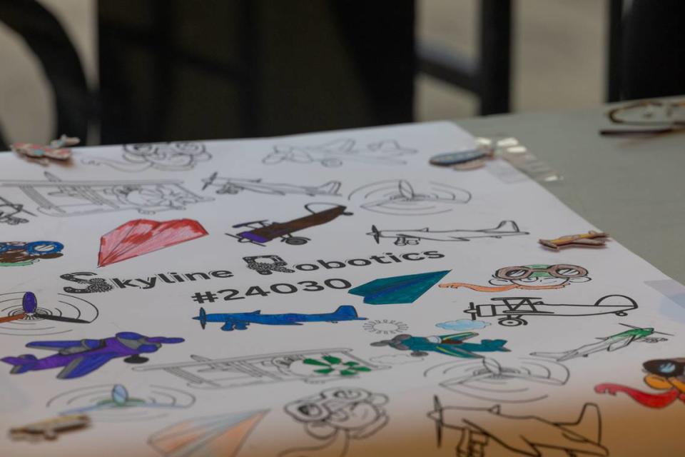 A paper tablecloth with the logo for the Skyline Robotics team at East St. Louis Senior High during a school event on Feb. 22, 2024.