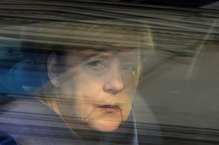 Angela Merkel arrives for the funeral of former German minister Heiner Geissler on Tuesday at St Hedwig's Cathedral in Berlin