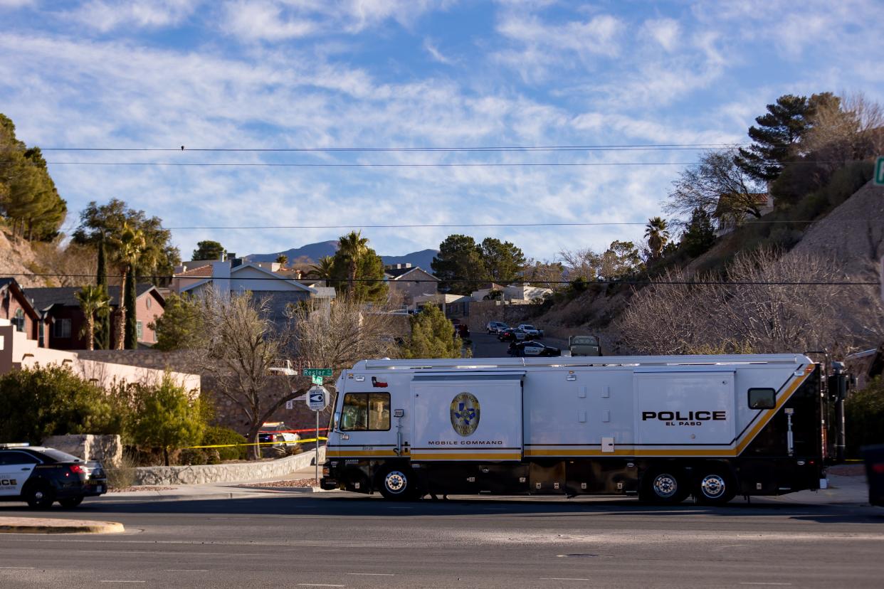 The El Paso Police Department mobile command vehicle is parked along Resler Drive as police investigate an officer-involved shooting on Royal Arms Drive on Feb. 20 in the West Side.