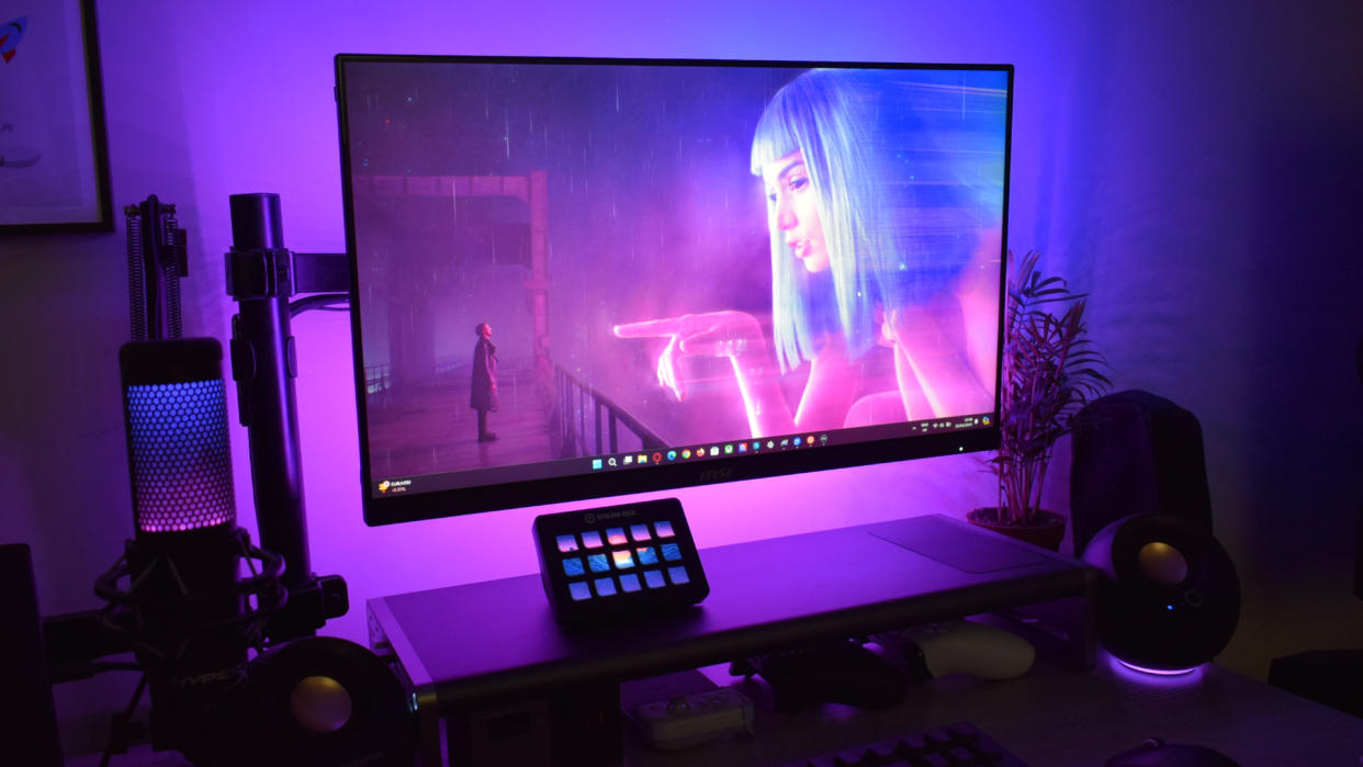  Govee Gaming Light Strip G1 installed on an MSI monitor producing ambient lighting for an animated Blade Runner 2049 wallpaper. 