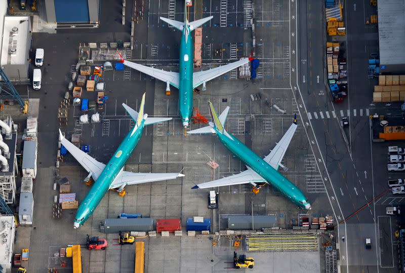 FILE PHOTO: An aerial photo shows Boeing 737 MAX airplanes parked on the tarmac at the Boeing Factory in Renton