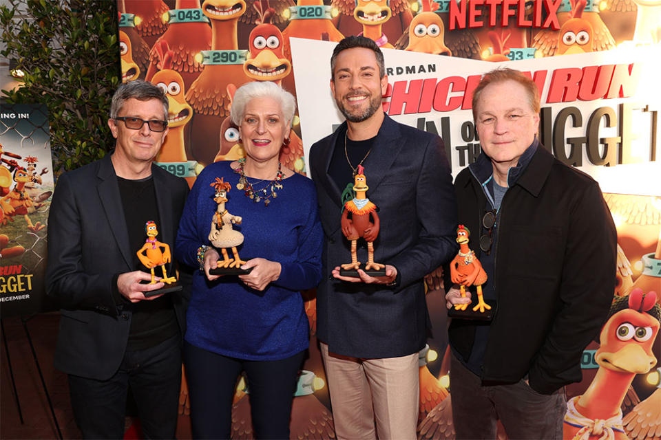 Paul Kewley, Lynn Ferguson, Zachary Levi, and Karey Kirkpatrick attend Netflix's "Chicken Run: Dawn Of The Nugget" LA Special Screening at Bay Theatre on December 09, 2023 in Pacific Palisades, California.