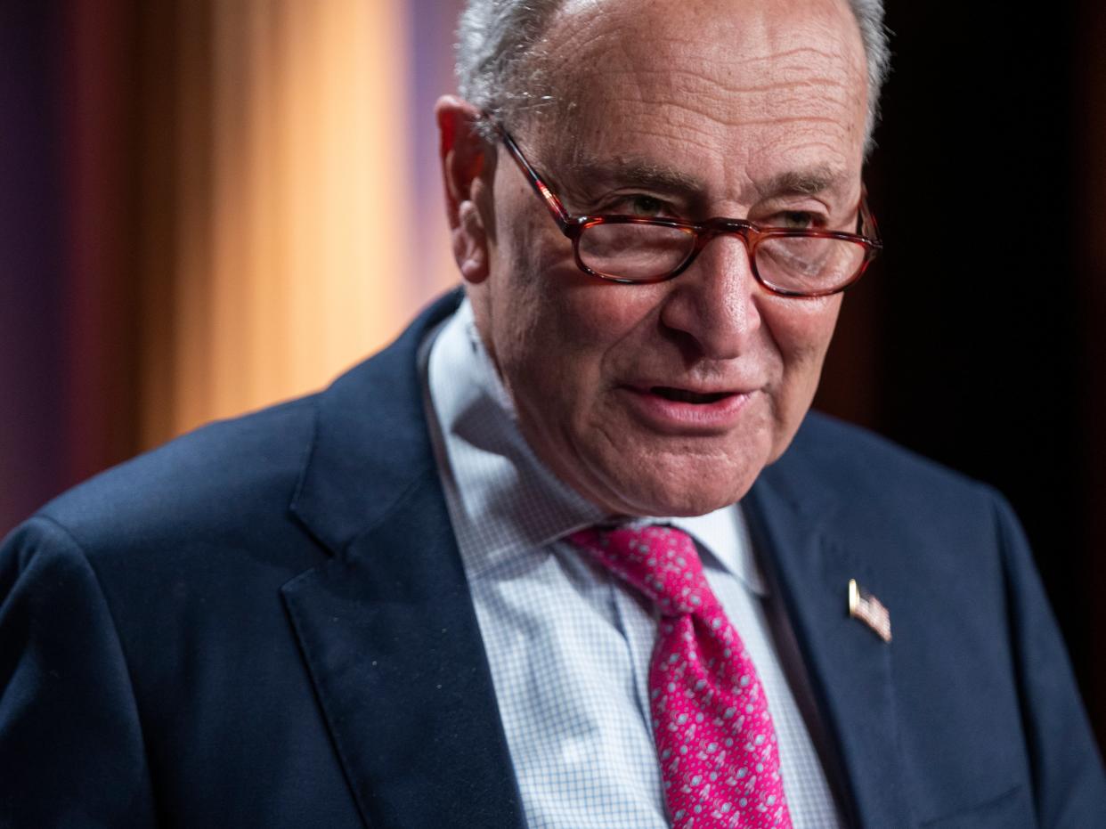 <p>Democratic Senate Majority Leader Chuck Schumer speaks to the media about the upcoming impeachment trial of former President Donald Trump</p> (EPA)