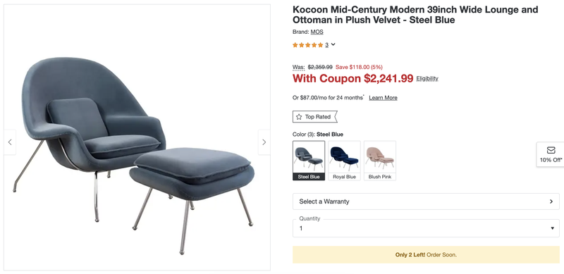 The copycat doesn’t save you much money, but the cheaper version does come with an ottoman and more color options. 