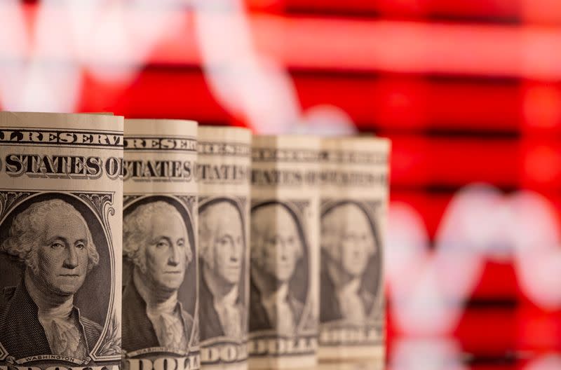 FILE PHOTO: U.S. one dollar banknotes are seen in front of displayed stock graph