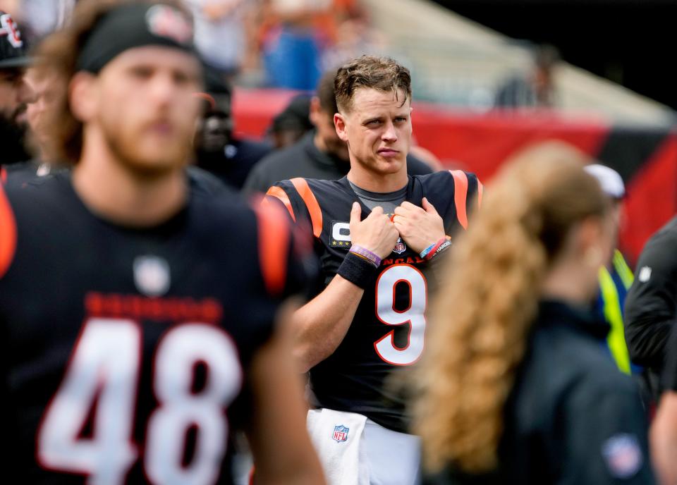 Cincinnati Bengals quarterback Joe Burrow (9) looks at the scoreboard as his team losses to the Ravens at Paycor Stadium Sunday, September 17, 2023. The Bengals are 0-2.