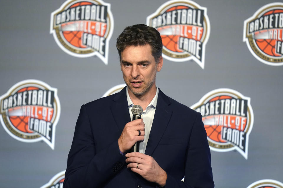 FILE - Pau Gasol speaks during a news conference at the All-Star weekend Friday, Feb. 17, 2023, in Salt Lake City. The Naismith Memorial Basketball Hall of Fame made it all official on Saturday, April 1, 2023 with three of the NBA’s all-time international greats — Gasol, Dirk Nowitzki and Tony Parker — joining Dwyane Wade, Becky Hammon and Gregg Popovich as the headliners of the 2023 class that will be enshrined on Aug. 11 and 12 at ceremonies in Connecticut and Massachusetts.(AP Photo/Rick Bowmer, File)