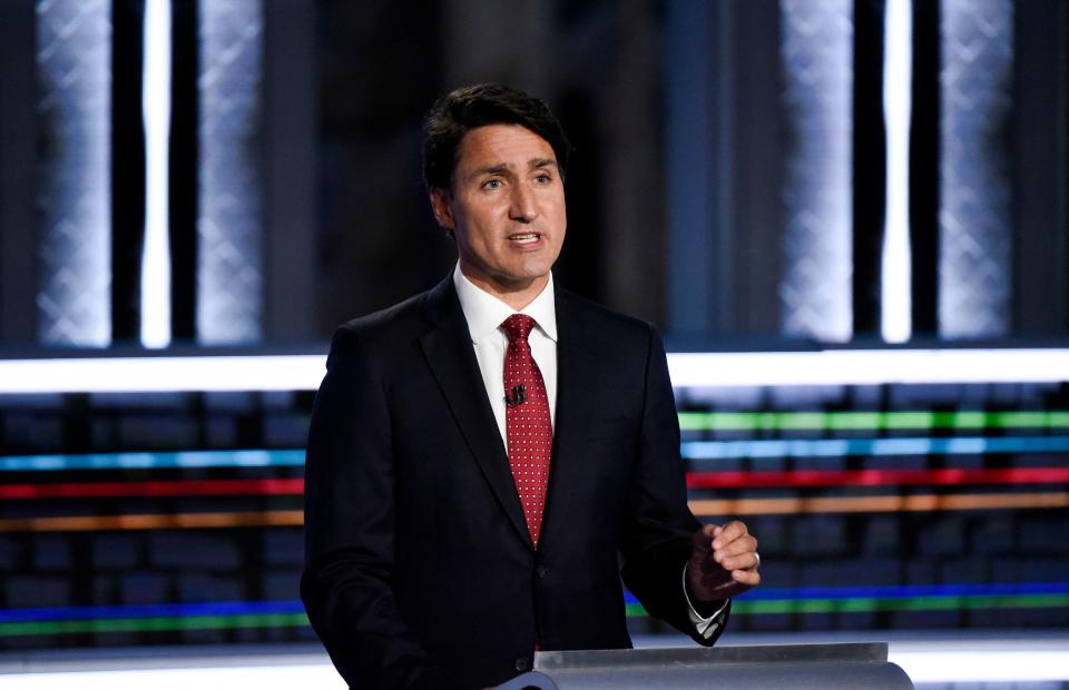 Canadian Prime Minister and Liberal Leader Justin Trudeau speaks during the federal election English-language Leaders debate in Gatineau, Quebec, Canada on September 9, 2021. (Photo by Justin Tang / POOL / AFP) (Photo by JUSTIN TANG/POOL/AFP via Getty Images)