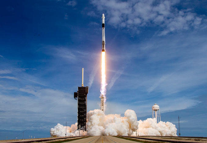 This week, NASA plans to resume U.S. astronaut launches from American  soil using a commercially developed SpaceX Crew Dragon capsule and  Falcon 9 rocket. SpaceX successfully tested the system during an unpiloted test flight to the International Space Station in 2019. / Credit: SpaceX