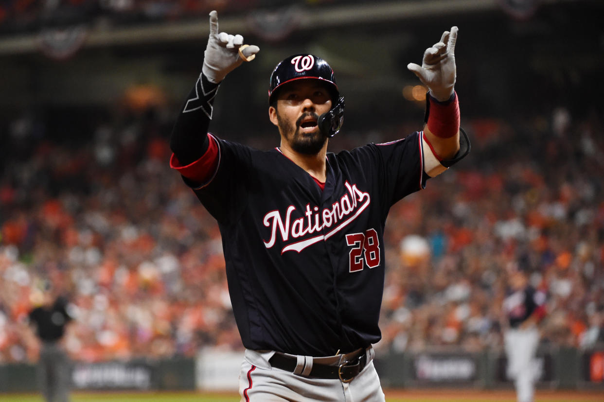 Nationals catcher Kurt Suzuki celebrates his go-ahead home run Game 2 of the World Series. (Photo by Cooper Neill/MLB Photos via Getty Images)