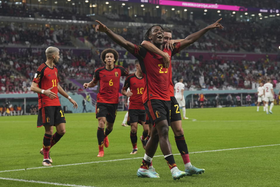 Belgium forward Michy Batshuayi (23) celebrates after scoring against Canada during the first half of a World Cup group F soccer match between Belgium and Canada at the Ahmad Bin Ali Stadium in Al Rayyan, Qatar, Wednesday, Nov. 23, 2022. (Nathan Denette/The Canadian Press via AP)