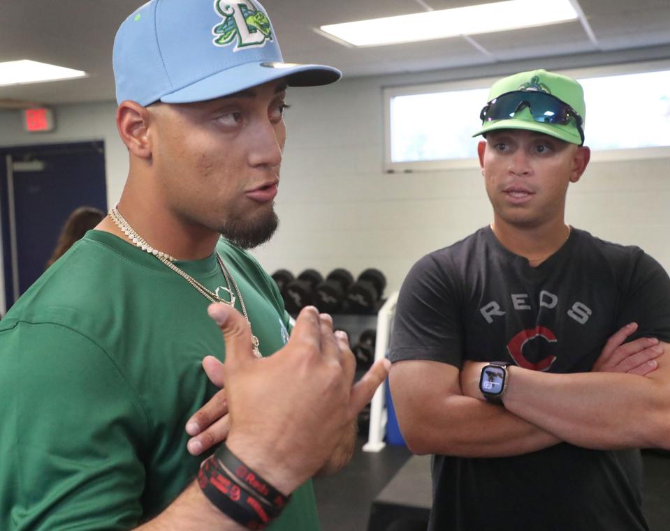 Daytona Tortugas infielder Ricardo Cabrera talks, with manager Julio Morillo by his side, during an interview, Wednesday April 3, 2024.