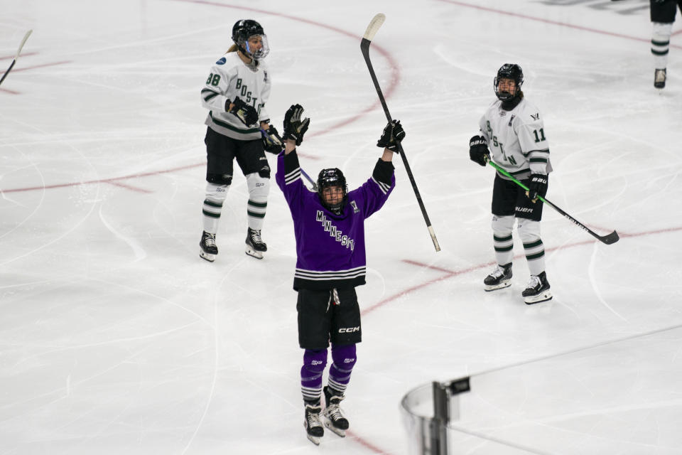 Minnesota forward Taylor Heise celebrates her goal against Boston during the first period of Game 3 of the PWHL hockey championship series, Friday, May 24, 2024, in St. Paul, Minn. (Angelina Katsanis/Star Tribune via AP)