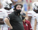 South Carolina head coach Will Muschamp watches during an NCAA college football game against Florida in Gainesville, Fla., Saturday, Oct. 3, 2020. (Brad McClenny/The Gainesville Sun via AP, Pool)