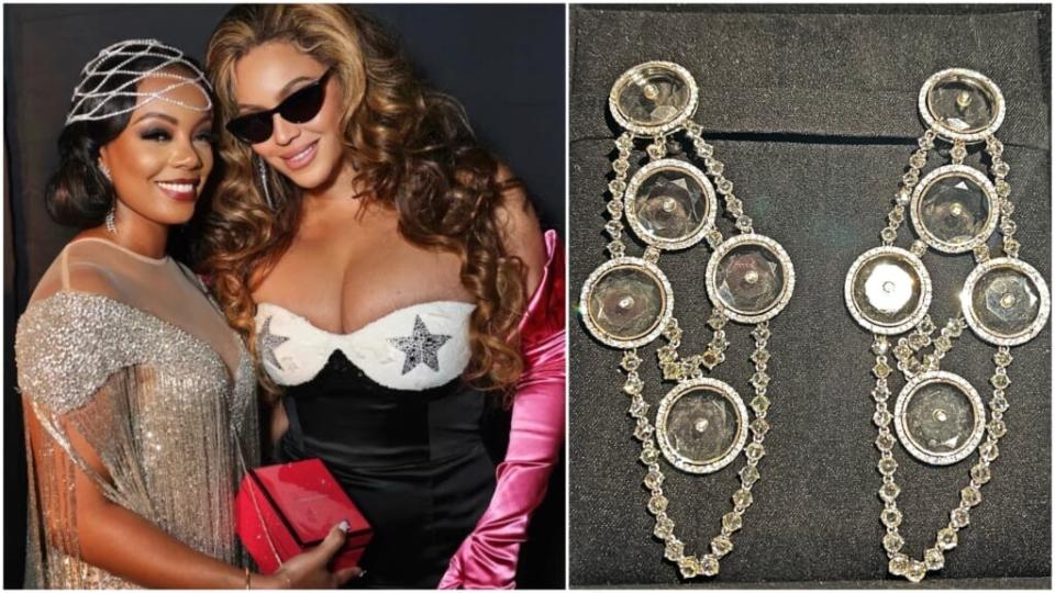 Monique Rodriguez, left, and Beyoncé at the 5th Annual WACO Wearable Art Gala on Oct. 22, 2022; the Lorraine Schwartz earrings up for auction.<br>Photos: Courtesy of Mielle Organics