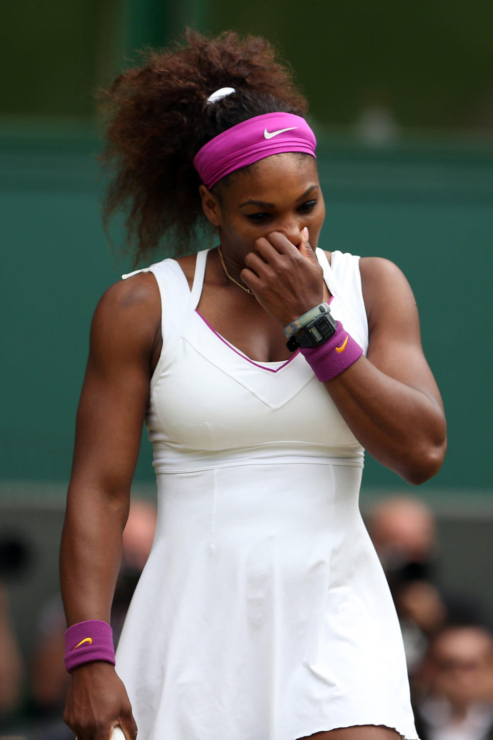 Serena Williams of the USA shows her frustration during her Ladies Singles final match against Agnieszka Radwanska of Poland on day twelve of the Wimbledon Lawn Tennis Championships at the All England Lawn Tennis and Croquet Club on July 7, 2012 in London, England. (Photo by Julian Finney/Getty Images)