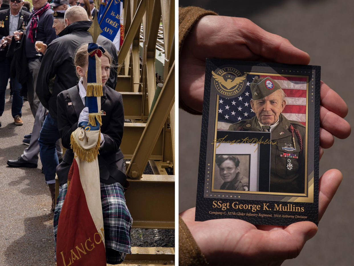 A diptych of a young girl at the ceremonies and framed photos of Mullins (Rafael Yaghobzadeh for NBC News)