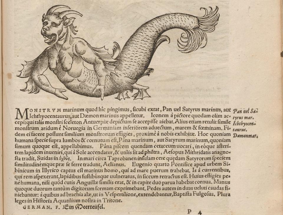 "Icones animalium," compiled by Swiss naturalist Conrad Gessner in the 1500s, includes images and descriptions of sea monsters on page 175.