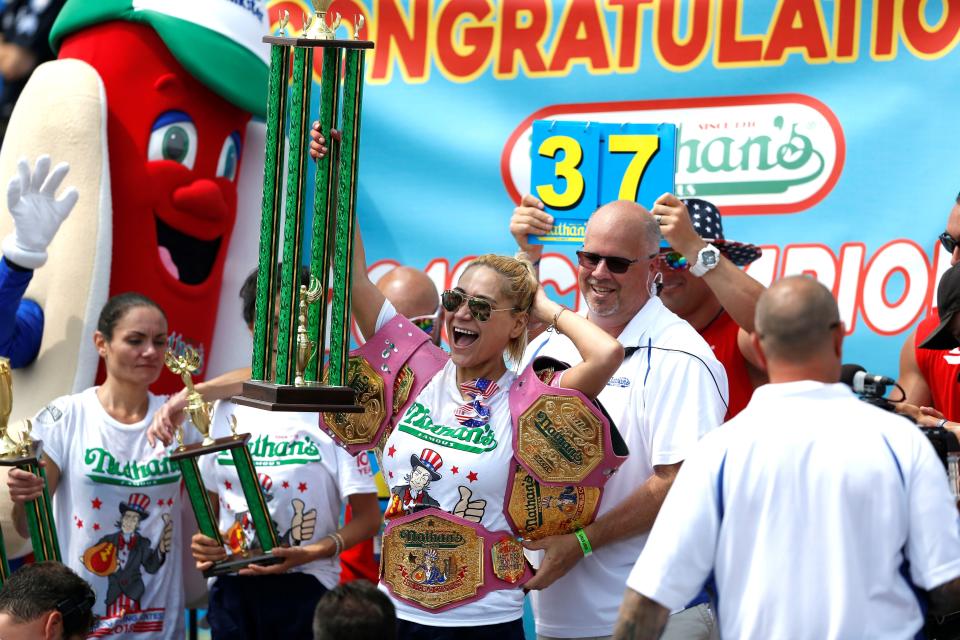 Miki Sudo celebrates her victory.