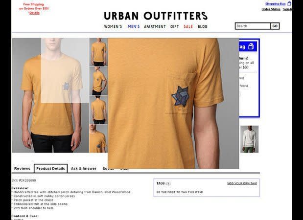 In April 2012, Urban Outfitters angered the Jewish community by selling a $100 shirt that critics said mimicked the design of star patches Jewish people were forced to wear during the Holocaust.   (<a href="http://www.huffingtonpost.com/2012/04/20/urban-outfitters-jewish-star-tshirt_n_1441731.html?ref=style  " target="_hplink">Urban Outfitters</a>)