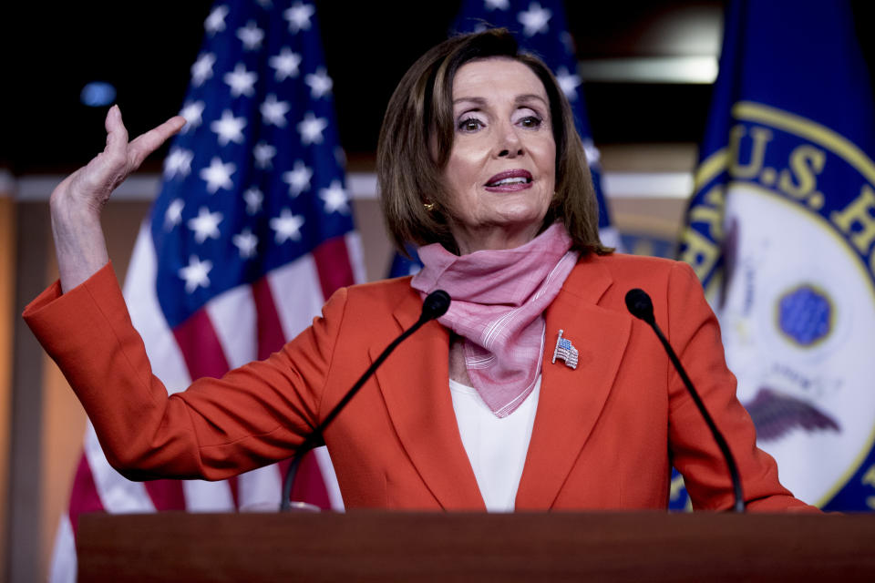 House Speaker Nancy Pelosi of Calif., speaks during a news conference on Capitol Hill, Friday, April 24, 2020, in Washington. (AP Photo/Andrew Harnik)