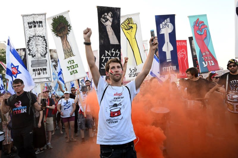 Tens of thousands protest Israeli judicial reform one day before all 15 judges of the High Court of Justice convene for the first time in history to hear a case on the country's recently passed "reasonableness" law. Photo by Debbie Hill/UPI