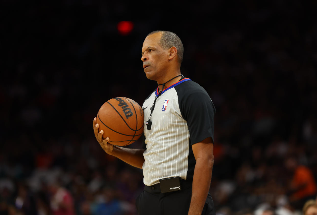 Oct 19, 2022; Phoenix, Arizona, USA; NBA referee Eric Lewis during the Phoenix Suns game against the Dallas Mavericks at Footprint Center. Mandatory Credit: Mark J. Rebilas-USA TODAY Sports