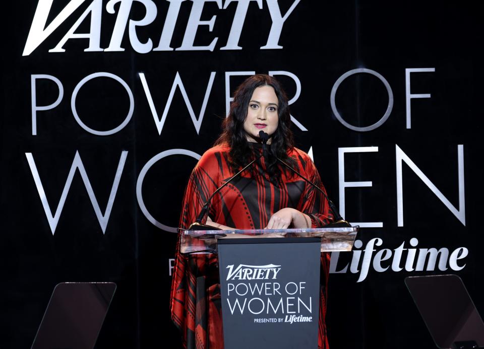 Honoree Lily Gladstone speaks onstage about the violence Indigenous women endure.