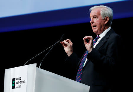 Craig Reedie, President of the World Anti Doping Agency (WADA) addresses the WADA Symposium in Ecublens, Switzerland, March 13, 2017. REUTERS/Denis Balibouse