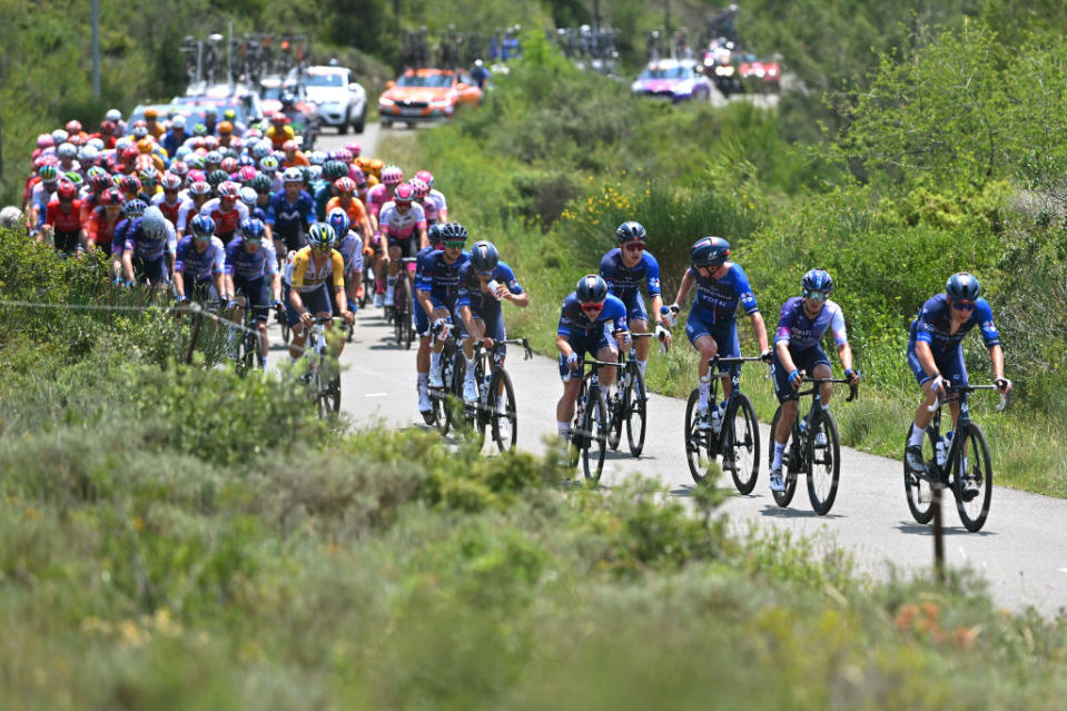 GRUISSAN FRANCE  JUNE 15 Omer Goldstein of Israel and Team Israel  Premier Tech Rudy Molard of France Paul Penhot of France Enzo Paleni of France Clment Davy of France Lorenzo Germani of Italy Bram Welten of The Netherlands Lars van den Berg of The Netherlands and Team Groupama  FDJ lead the peloton during the 47th La Route DOccitanieLa Depeche Du Midi 2023 Stage 1 a 1843km stage from Narbonne to Gruissan on June 15 2023 in Gruissan France Photo by Luc ClaessenGetty Images