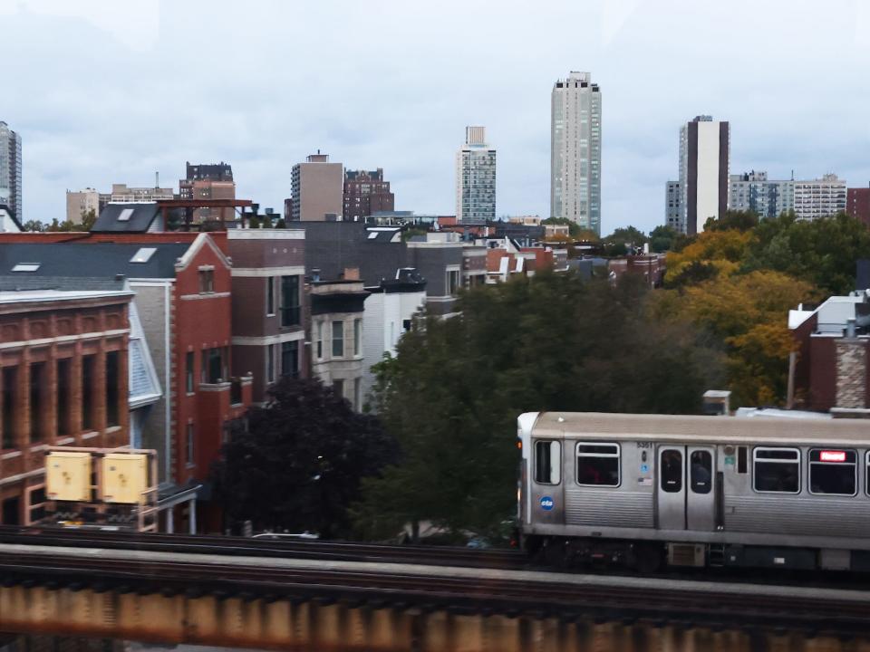 A train rides the elevated tracks in Chicago, United States on October 17, 2022.