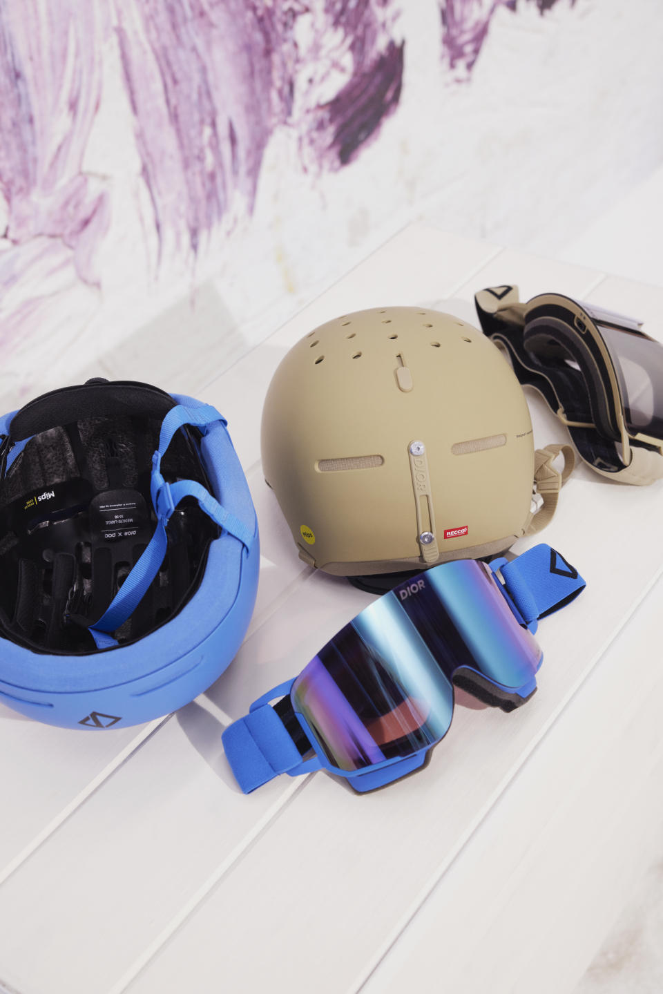 Helmets and goggles from the Dior men's ski capsule collection.