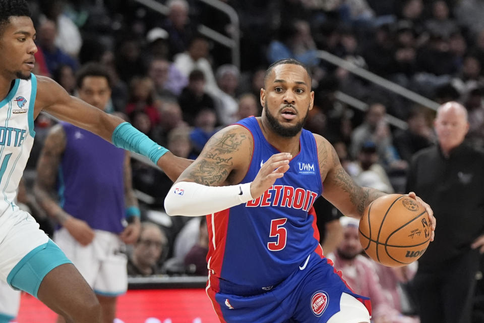 Detroit Pistons guard Monte Morris (5) drives during the second half of an NBA basketball game against the Charlotte Hornets, Wednesday, Jan. 24, 2024, in Detroit. (AP Photo/Carlos Osorio)