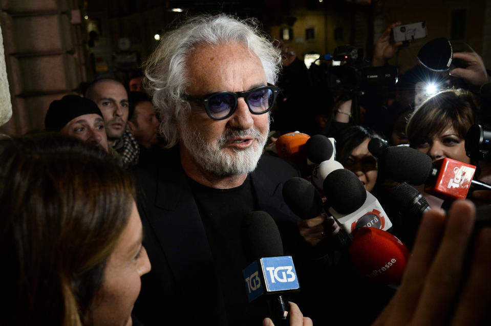 Former Formula One boss Flavio Briatore speaks to reporters in Rome in this Jan. 15, 2019 photo made available Tuesday Aug. 25, 2020. Briatore has reportedly been admitted to hospital in Milan with coronavirus, there has been no official statement from the hospital but multiple reports say Briatore’s condition is serious but he is not in intensive care. (Fabio Cimaglia/LaPresse via AP)