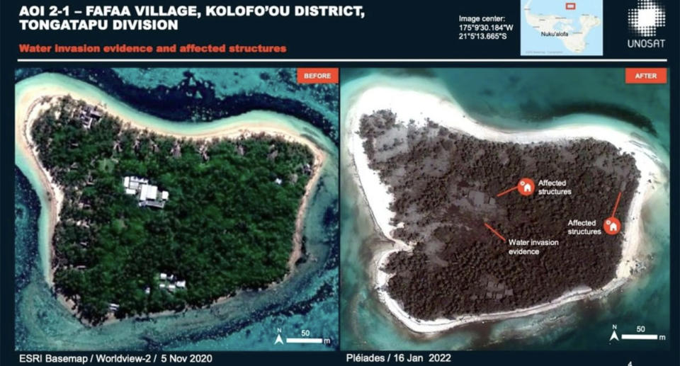 A satellite image showing before and after the tsunami hit Fafa Island in Tonga.