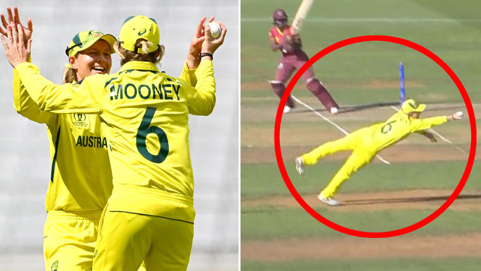 Pictured right, Beth Mooney's superb catch for Australian in the Women's Cricket World Cup semi-final against West Indies. 