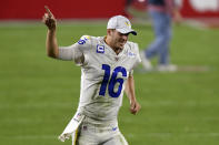 Los Angeles Rams quarterback Jared Goff (16) celebrates as he leaves the field after the team defeated the Tampa Bay Buccaneers during an NFL football game Monday, Nov. 23, 2020, in Tampa, Fla. (AP Photo/Jason Behnken)