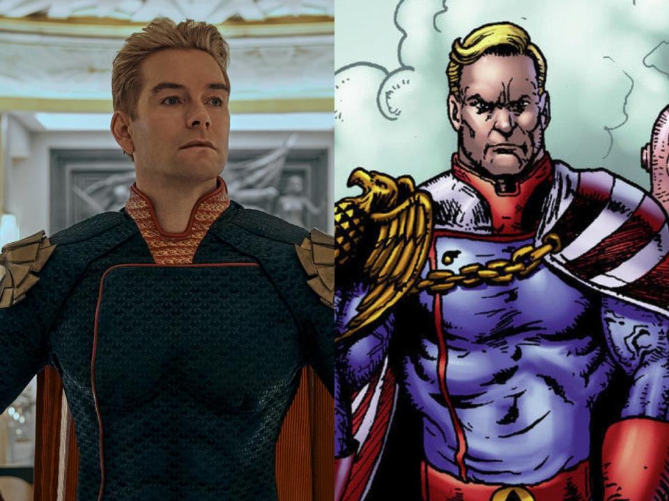 On the left: Antony Starr as Homelander in season three of "The Boys." On the right: Homelander in the comics.