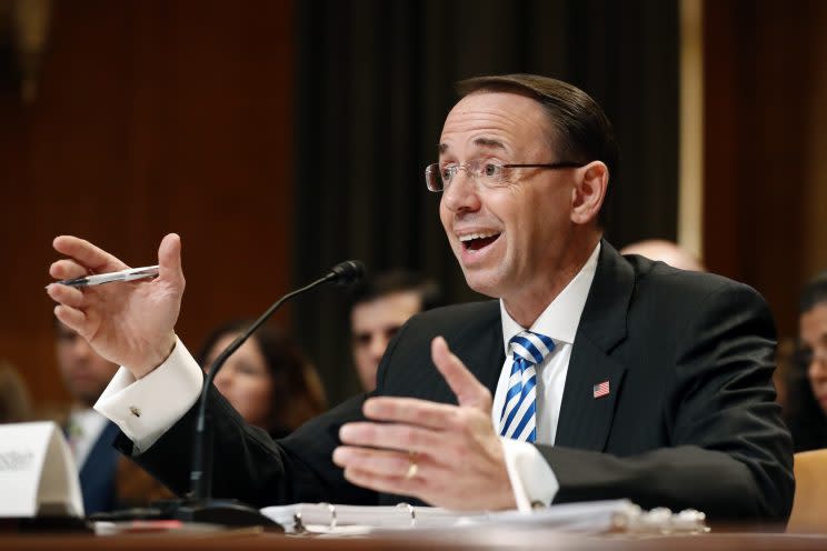 Deputy Attorney General Rod Rosenstein testifies on Capitol Hill in Washington, Tuesday, June 13, 2017, before a Senate Appropriations subcommittee hearing on the Justice Department's fiscal 2018 budget. (Photo: Alex Brandon/AP)